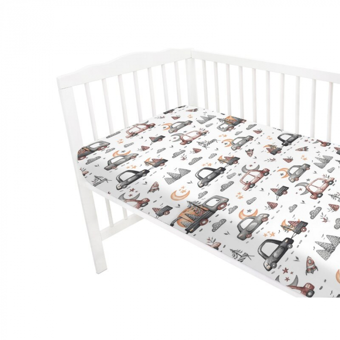 Cearceaf cu elastic, MimiNu, Pentru patut 120X60 cm, Din bumbac certificat Oeko Tex Standard 100, Design, Cars Grey [2]