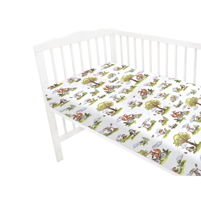 Cearceaf cu elastic, Qmini, Pentru patut 120X60 cm, Din bumbac certificat Oeko Tex Stard 100, Fox on bikes Natural [3]