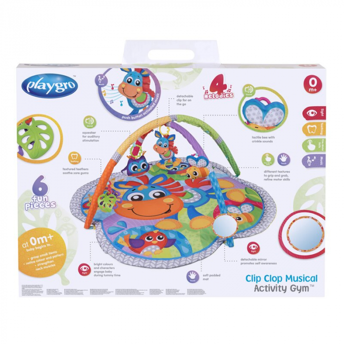 Covoras educational, Playgro, Pentru copii, Interactiv, Multifunctional, Pentru activitati fizice, Cu elemente detasabile, 0 luni+, Clip Clop Musical Activity Gym [20]