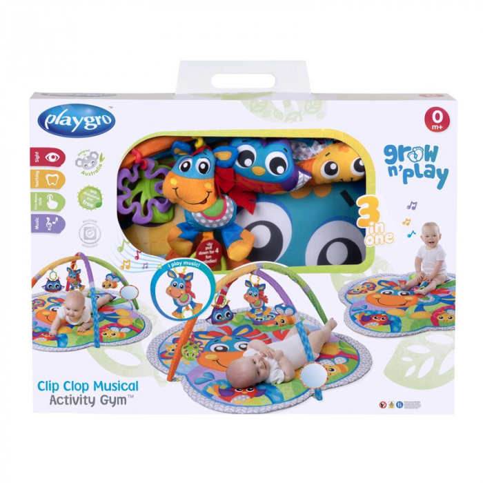 Covoras educational, Playgro, Pentru copii, Interactiv, Multifunctional, Pentru activitati fizice, Cu elemente detasabile, 0 luni+, Clip Clop Musical Activity Gym [19]