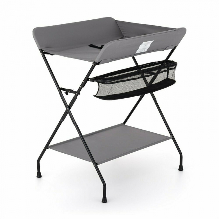 Feedo - Masuta multifunctionala pentru infasat si schimbat scutece, Pliabila, Cu raft pentru depozitare si compartiment lateral, Realizata din fier, panza si in, 80.5 x 67 x 102.5 cm, Gri [1]