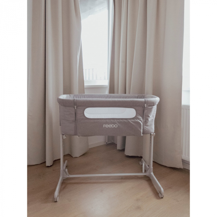 Feedo - Patut co-sleeper, Pliabil, Reglabil in 5 pozitii, Cu laterala detasabila, Include geanta de transport si salteluta, Cu roti, Greutate maxima suportata 9 kg, 0-5 luni, Gri [7]