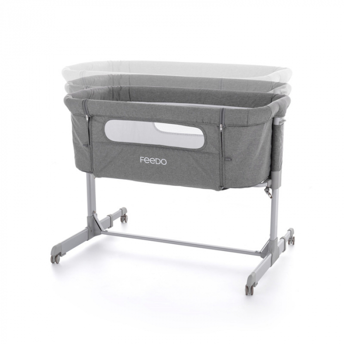 Feedo - Patut co-sleeper, Pliabil, Reglabil in 5 pozitii, Cu laterala detasabila, Include geanta de transport si salteluta, Cu roti, Greutate maxima suportata 9 kg, 0-5 luni, Gri [2]