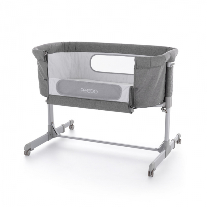 Feedo - Patut co-sleeper, Pliabil, Reglabil in 5 pozitii, Cu laterala detasabila, Include geanta de transport si salteluta, Cu roti, Greutate maxima suportata 9 kg, 0-5 luni, Gri [1]