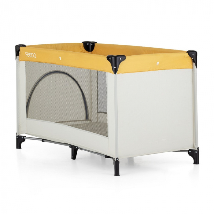 Feedo - Patut de calatorie, Pliabil, Cu geanta de transport inclusa, Cu intrare laterala si inchidere prin fermoar, Greutate maxima suportata 15 kg, 0-30 luni, Galben [2]