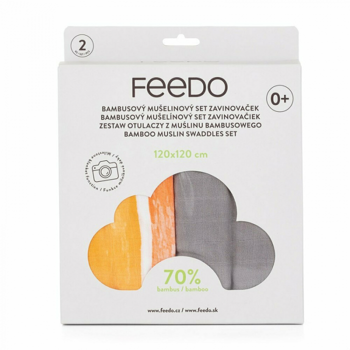 Feedo - Set 2 museline din bambus, Multifunctionale, Hipoalergenice, Cu indicator de varsta, Conform standardului european de securitate Oeko-Tex 100, Dimensiuni mari:120x120 cm, Multicolor [2]