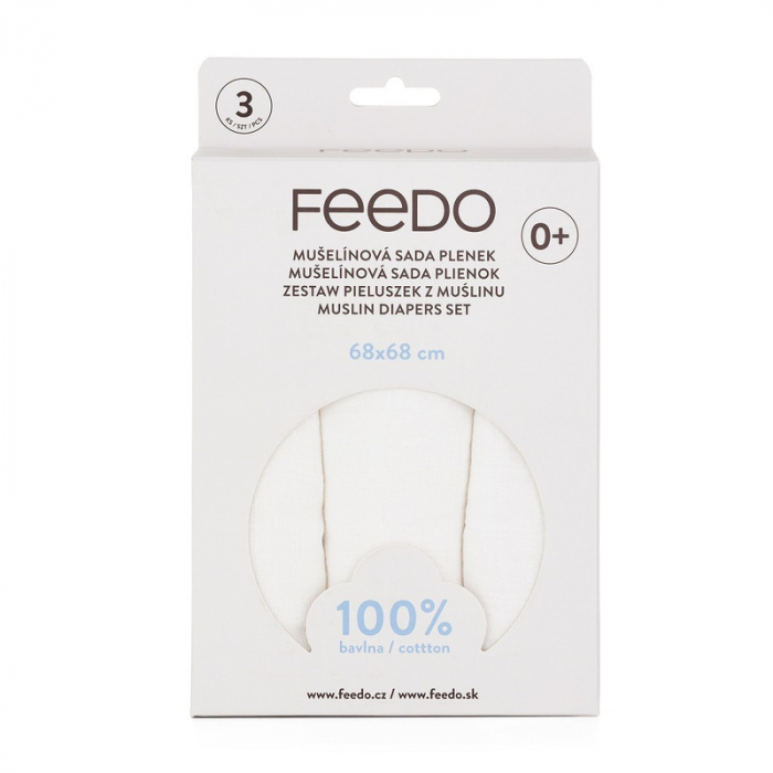 Feedo - Set 3 scutece din muselina, Multifunctionale, Din bumbac certificat Oeko-Tex Standard 100, 68x68 cm, 0 luni+, Alb [1]