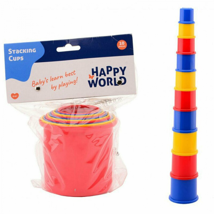 Happy World - Set 10 cupe pentru stivuit, Jucarie educativa pentru copii, Multicolor [2]