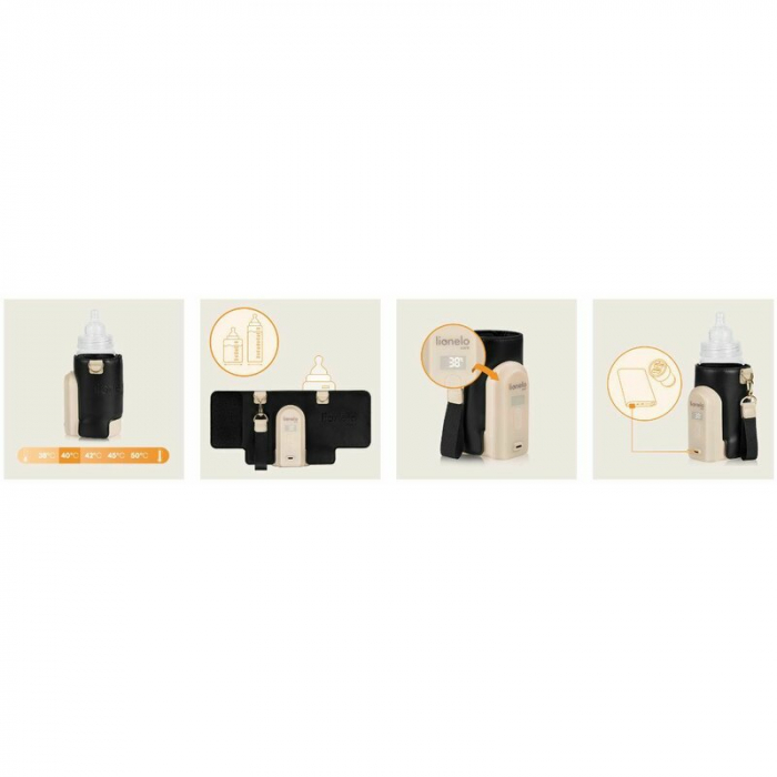 Incalzitor biberoane, Lionelo, ThermUp Go Evo, Portabil, Cu 5 niveluri de incalzire, Cu buton Safety Control, Mentinere caldura pana la 9h, Incarcare USB, Negru/Auriu [10]