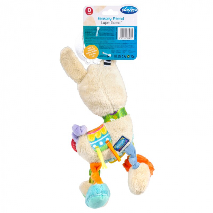 Jucarie carucior sau scaun auto, Playgro, Cu inele pentru dentitie, Cu diverse forme si texturi, Cu sunete si zornaieli, Dezvolta abilitatile motorii si imaginatia, 0 luni+, Sensory Friend Lupe Llama [3]