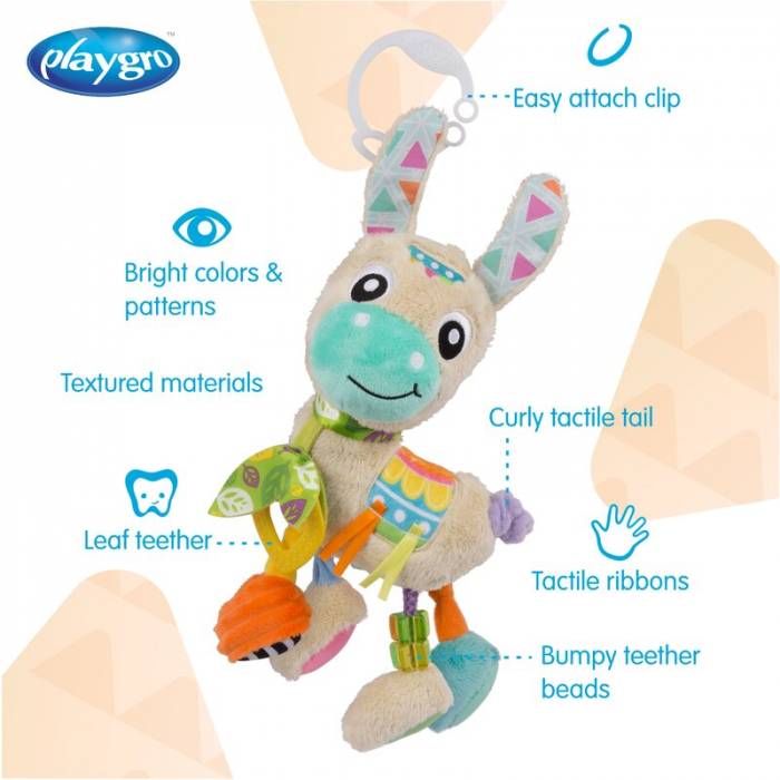 Jucarie carucior sau scaun auto, Playgro, Cu inele pentru dentitie, Cu diverse forme si texturi, Cu sunete si zornaieli, Dezvolta abilitatile motorii si imaginatia, 0 luni+, Sensory Friend Lupe Llama [5]