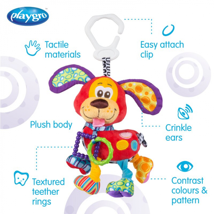 Jucarie carucior sau scaun auto, Playgro, Cu inele pentru dentitie, Cu diverse forme si texturi, Cu sunete si zornaieli, Dezvolta abilitatile motorii si imaginatia, 0 luni+, Activity Friend Pooky Pupp [4]