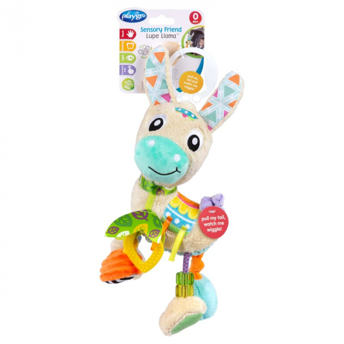 Jucarie carucior sau scaun auto, Playgro, Cu inele pentru dentitie, Cu diverse forme si texturi, Cu sunete si zornaieli, Dezvolta abilitatile motorii si imaginatia, 0 luni+, Sensory Friend Lupe Llama [7]