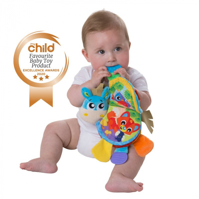 Jucarie din plus, Playgro, Clip Clop, Carticica tactila, Stimuleaza dezvoltarea senzoriala, Cu inele pentru dentitie, Cu diverse forme si texturi, 3 luni+, Musical Clip Clop Teether Book [6]