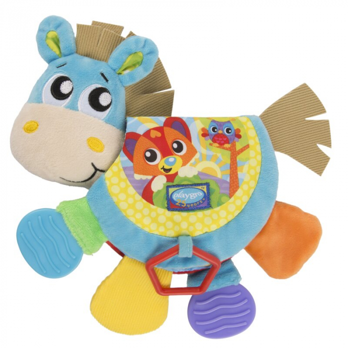 Jucarie din plus, Playgro, Clip Clop, Carticica tactila, Stimuleaza dezvoltarea senzoriala, Cu inele pentru dentitie, Cu diverse forme si texturi, 3 luni+, Musical Clip Clop Teether Book [3]