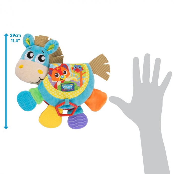 Jucarie din plus, Playgro, Clip Clop, Carticica tactila, Stimuleaza dezvoltarea senzoriala, Cu inele pentru dentitie, Cu diverse forme si texturi, 3 luni+, Musical Clip Clop Teether Book [12]