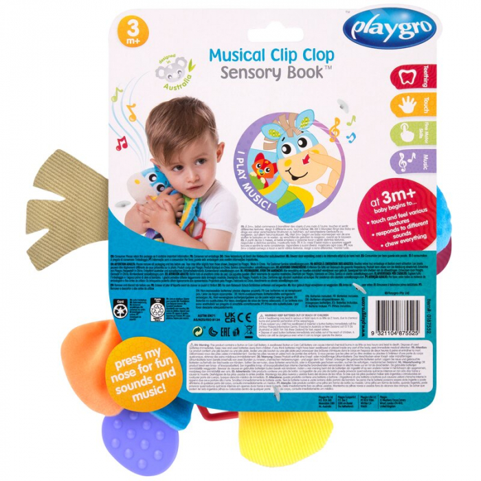 Jucarie din plus, Playgro, Clip Clop, Carticica tactila, Stimuleaza dezvoltarea senzoriala, Cu inele pentru dentitie, Cu diverse forme si texturi, 3 luni+, Musical Clip Clop Teether Book [19]
