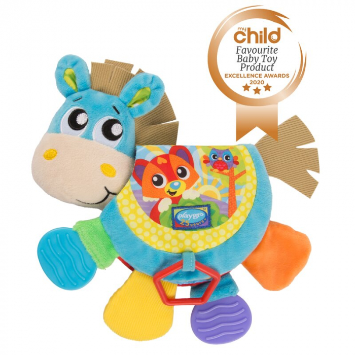 Jucarie din plus, Playgro, Clip Clop, Carticica tactila, Stimuleaza dezvoltarea senzoriala, Cu inele pentru dentitie, Cu diverse forme si texturi, 3 luni+, Musical Clip Clop Teether Book [2]