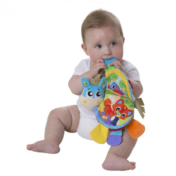 Jucarie din plus, Playgro, Clip Clop, Carticica tactila, Stimuleaza dezvoltarea senzoriala, Cu inele pentru dentitie, Cu diverse forme si texturi, 3 luni+, Musical Clip Clop Teether Book [10]
