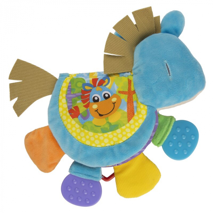 Jucarie din plus, Playgro, Clip Clop, Carticica tactila, Stimuleaza dezvoltarea senzoriala, Cu inele pentru dentitie, Cu diverse forme si texturi, 3 luni+, Musical Clip Clop Teether Book [9]