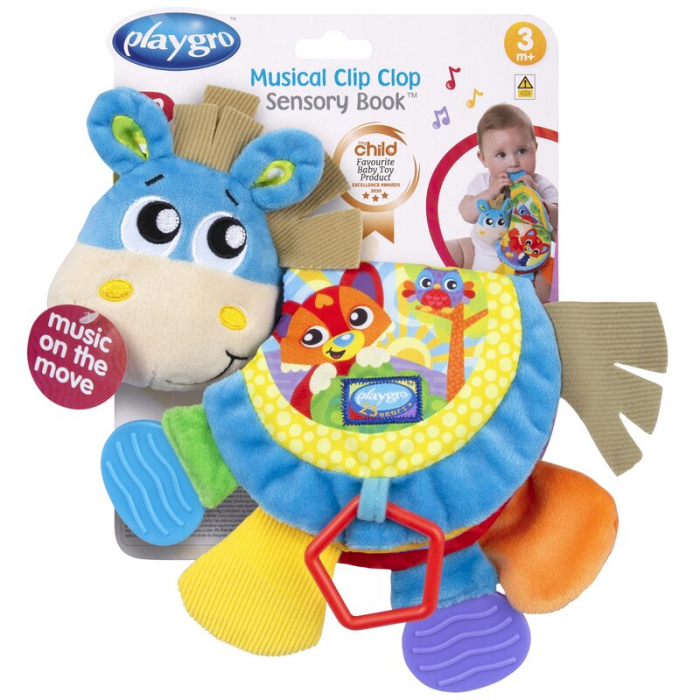 Jucarie din plus, Playgro, Clip Clop, Carticica tactila, Stimuleaza dezvoltarea senzoriala, Cu inele pentru dentitie, Cu diverse forme si texturi, 3 luni+, Musical Clip Clop Teether Book [18]