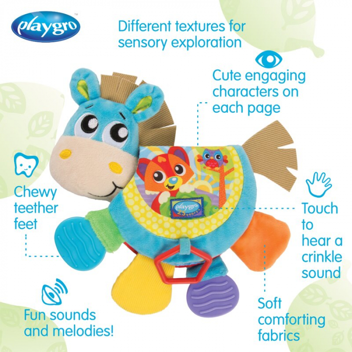 Jucarie din plus, Playgro, Clip Clop, Carticica tactila, Stimuleaza dezvoltarea senzoriala, Cu inele pentru dentitie, Cu diverse forme si texturi, 3 luni+, Musical Clip Clop Teether Book [13]