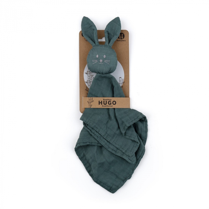 Jucarie interactiva, Iepurasul Hugo, Din muselina de bambus, Cu sunet, 0 luni+, Verde inchis [2]