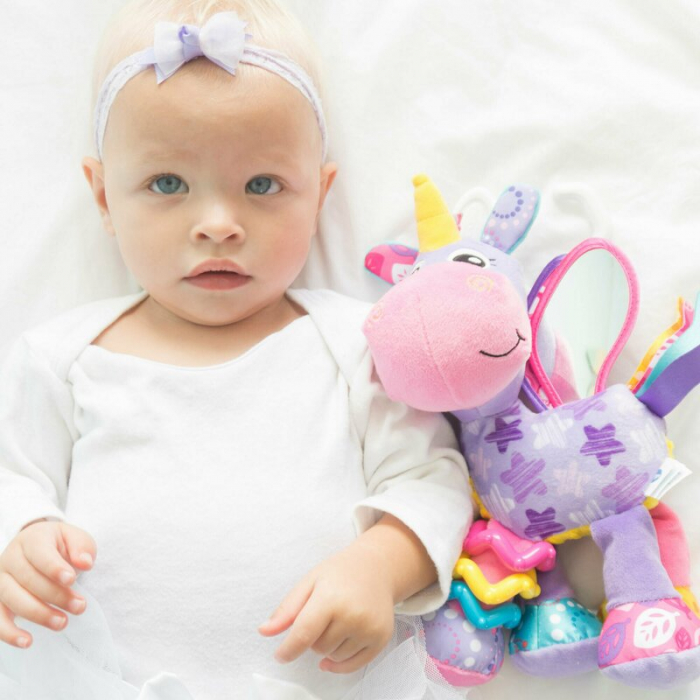 Jucarie pentru carucior, scoica auto si patut, Playgro, Cu jucarie de dentitie, Cu sunete, Activity Friend Stella Unicorn, 39 cm [6]