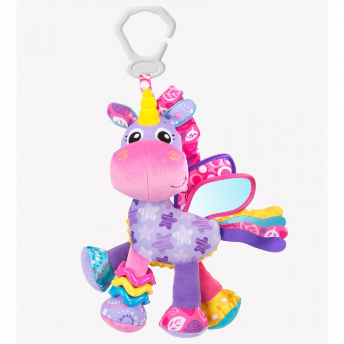 Jucarie pentru carucior, scoica auto si patut, Playgro, Cu jucarie de dentitie, Cu sunete, Activity Friend Stella Unicorn, 39 cm [1]