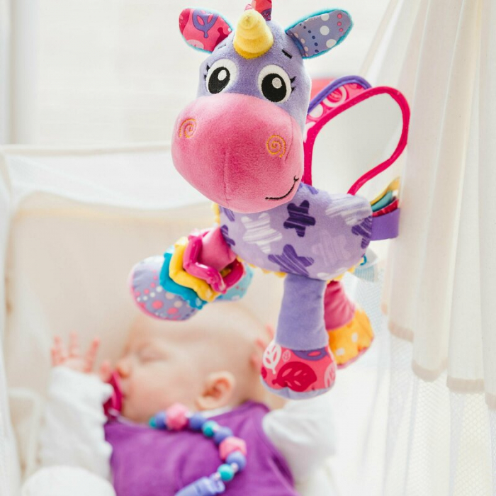 Jucarie pentru carucior, scoica auto si patut, Playgro, Cu jucarie de dentitie, Cu sunete, Activity Friend Stella Unicorn, 39 cm [4]