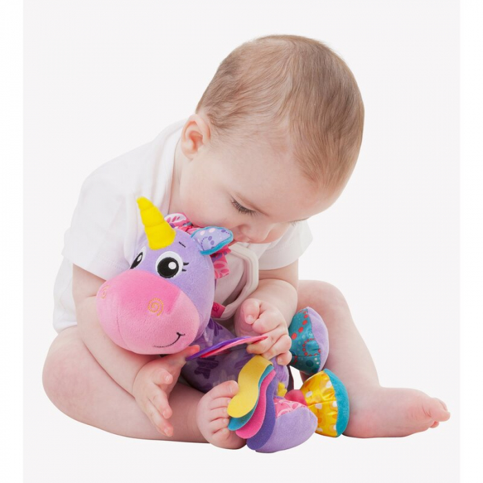 Jucarie pentru carucior, scoica auto si patut, Playgro, Cu jucarie de dentitie, Cu sunete, Activity Friend Stella Unicorn, 39 cm [9]