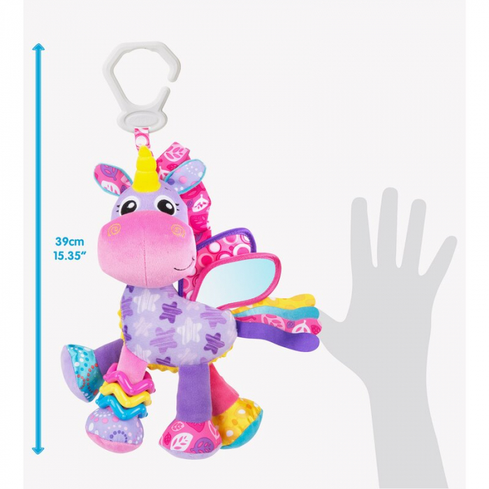Jucarie pentru carucior, scoica auto si patut, Playgro, Cu jucarie de dentitie, Cu sunete, Activity Friend Stella Unicorn, 39 cm [8]