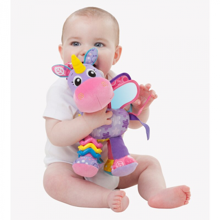 Jucarie pentru carucior, scoica auto si patut, Playgro, Cu jucarie de dentitie, Cu sunete, Activity Friend Stella Unicorn, 39 cm [2]
