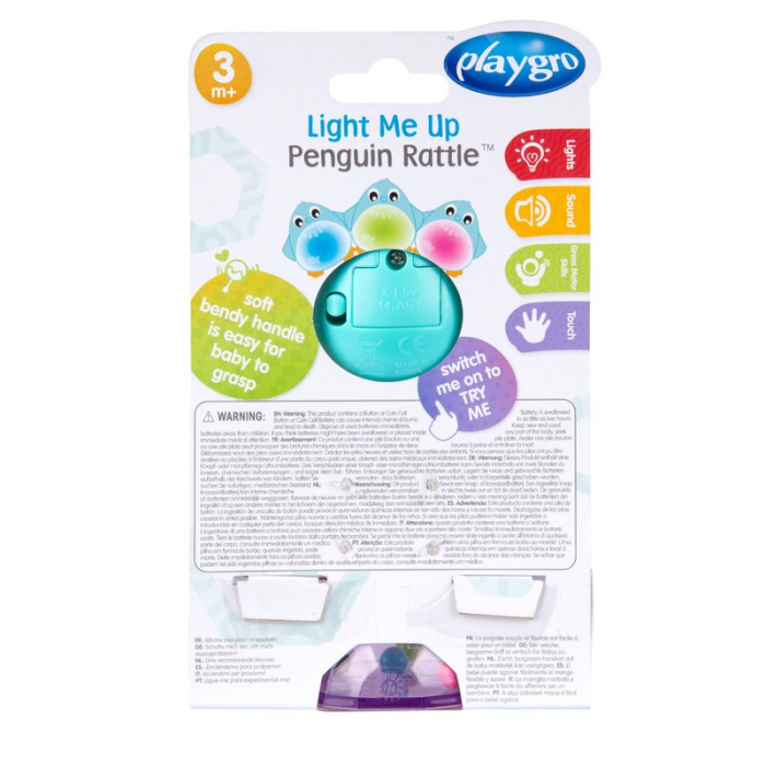 Jucarie zornaitoare, Playgro, Light Me Up, Pinguin, Dezvolta abilitatile senzoriale si motorii, Cu lumini, Cu maner maleabil, Cu margele colorate, Fara BPA, 3 luni+, Multicolor [9]