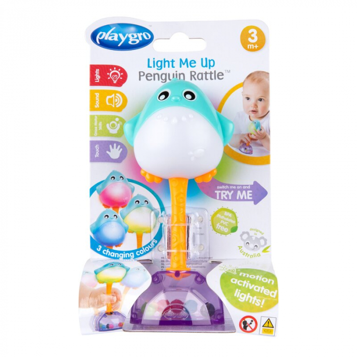 Jucarie zornaitoare, Playgro, Light Me Up, Pinguin, Dezvolta abilitatile senzoriale si motorii, Cu lumini, Cu maner maleabil, Cu margele colorate, Fara BPA, 3 luni+, Multicolor [8]