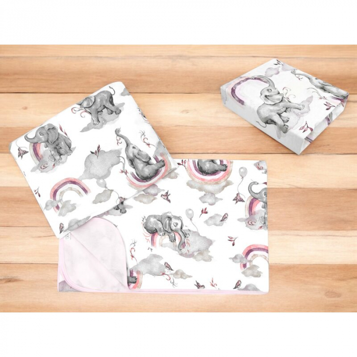 Lenjerie pat junior cu 3 piese, Qmini, Cu cearceaf 160x80 cm, Din bumbac certificat Oeko Tex Standard 100, Cu paturica si pernuta, Elephants on Rainbow Pink [2]