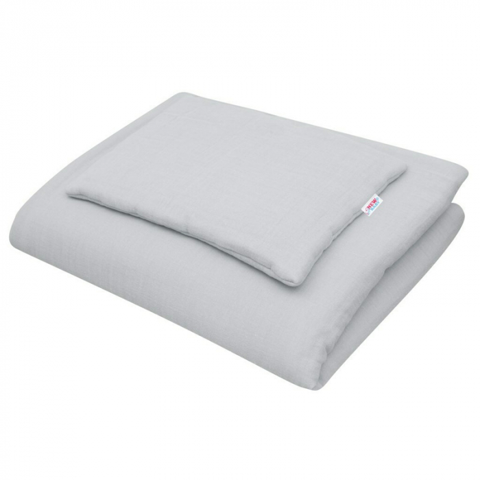 Lenjerie patut 2 piese, Din Muselina, Cu perna si pilota, 100x70 cm, Din materiale certificate Oeko Tex Standard 100, New Baby, Light Grey [1]