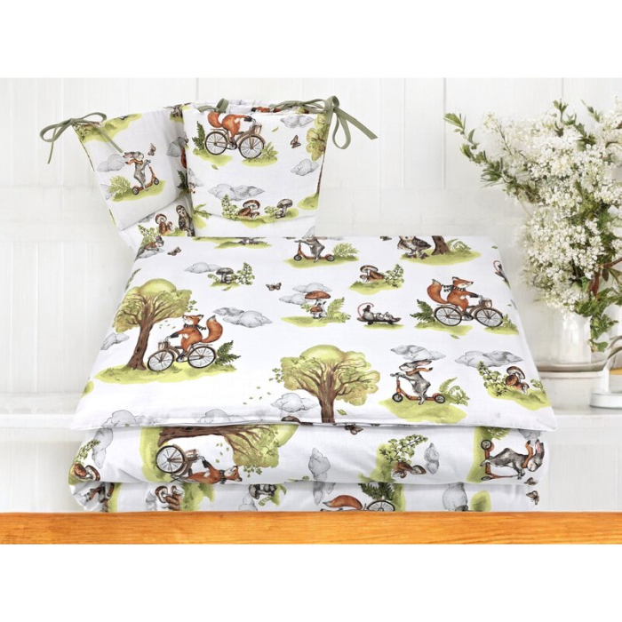 Lenjerie patut 3 piese, Qmini, Pentru patut 120x60 cm, Cu protectie laterala, Din bumbac certificat Oeko Tex Standard 100, Fox on bikes Natural [2]