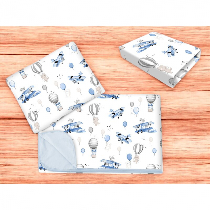 Lenjerie patut cu 3 piese, MimiNu, Cu cearceaf 120x60 cm, Din bumbac certificat Oeko Tex Standard 100, Cu paturica si pernuta, Blue Plane [2]