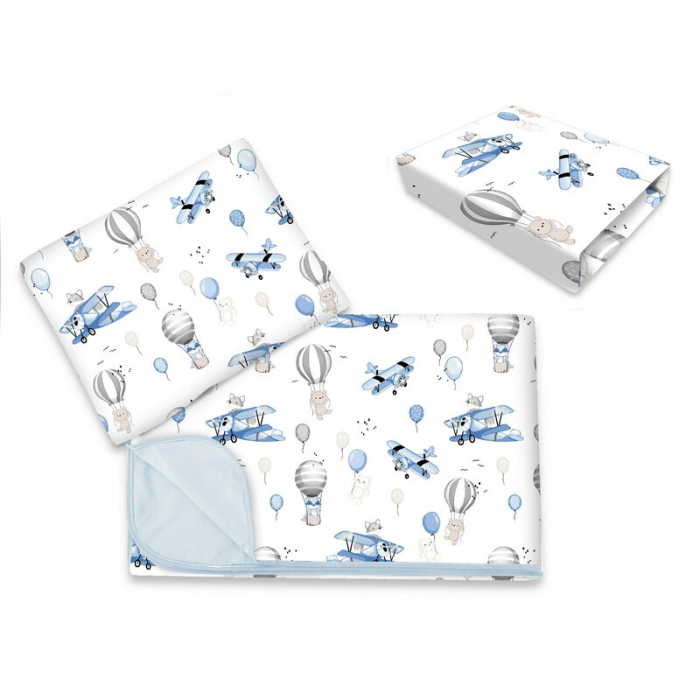 Lenjerie patut cu 3 piese, MimiNu, Cu cearceaf 120x60 cm, Din bumbac certificat Oeko Tex Standard 100, Cu paturica si pernuta, Blue Plane [1]