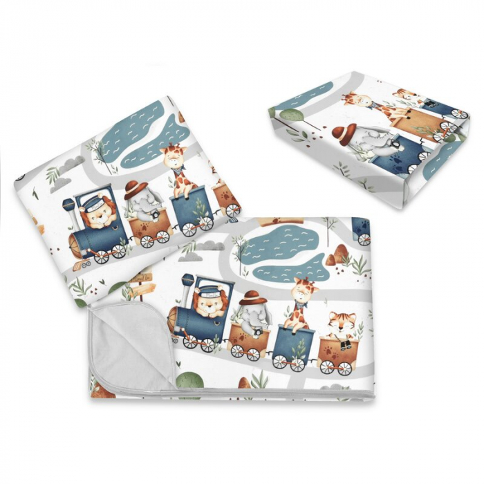 Lenjerie patut cu 3 piese, MimiNu, Cu cearceaf 120x60 cm, Din bumbac certificat Oeko Tex Standard 100, Cu paturica si pernuta, Design, Zoo in train [1]