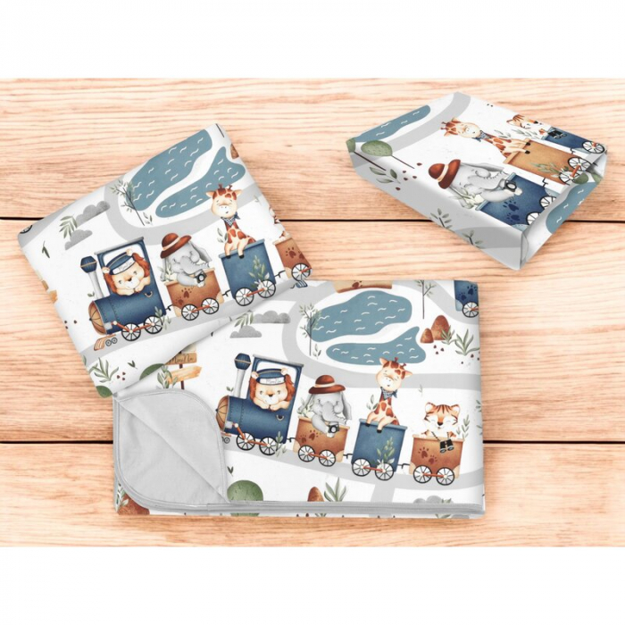 Lenjerie patut cu 3 piese, MimiNu, Cu cearceaf 120x60 cm, Din bumbac certificat Oeko Tex Standard 100, Cu paturica si pernuta, Design, Zoo in train [2]