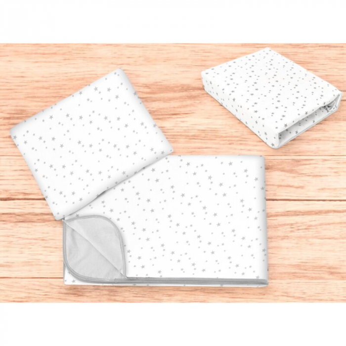 Lenjerie patut cu 3 piese, MimiNu, Cu cearceaf 120x60 cm, Din bumbac certificat Oeko Tex Standard 100, Cu paturica si pernuta, Mini Gray Stars [2]