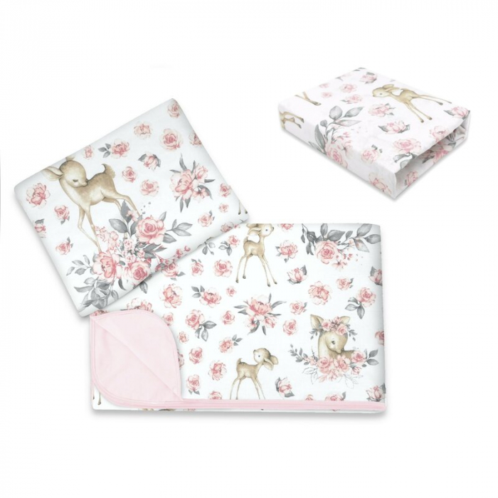 Lenjerie patut cu 3 piese, MimiNu, Cu cearceaf 120x60 cm, Din bumbac certificat Oeko Tex Standard 100, Cu paturica si pernuta, Sweet Deer Pink [1]