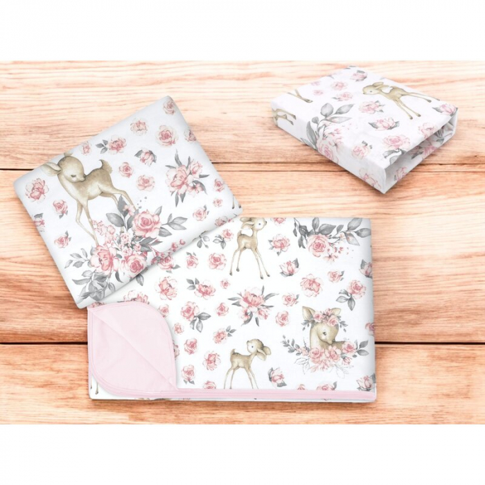 Lenjerie patut cu 3 piese, MimiNu, Cu cearceaf 120x60 cm, Din bumbac certificat Oeko Tex Standard 100, Cu paturica si pernuta, Sweet Deer Pink [2]