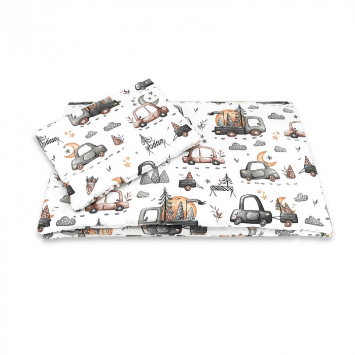 Lenjerie patut cu 3 piese, MimiNu, Cu cearceaf 120x60 cm, Pilota, Pernuta, Din bumbac certificat Oeko Tex Standard 100, Design, Cars Grey [5]