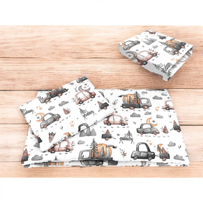 Lenjerie patut cu 3 piese, MimiNu, Cu cearceaf 120x60 cm, Pilota, Pernuta, Din bumbac certificat Oeko Tex Standard 100, Design, Cars Grey [2]