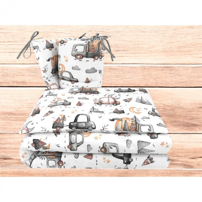 Lenjerie patut cu 3 piese, MimiNu, Pentru patut 120x60 cm, Cu protectie laterala, Din bumbac certificat Oeko Tex Standard 100, Design, Cars Grey [2]