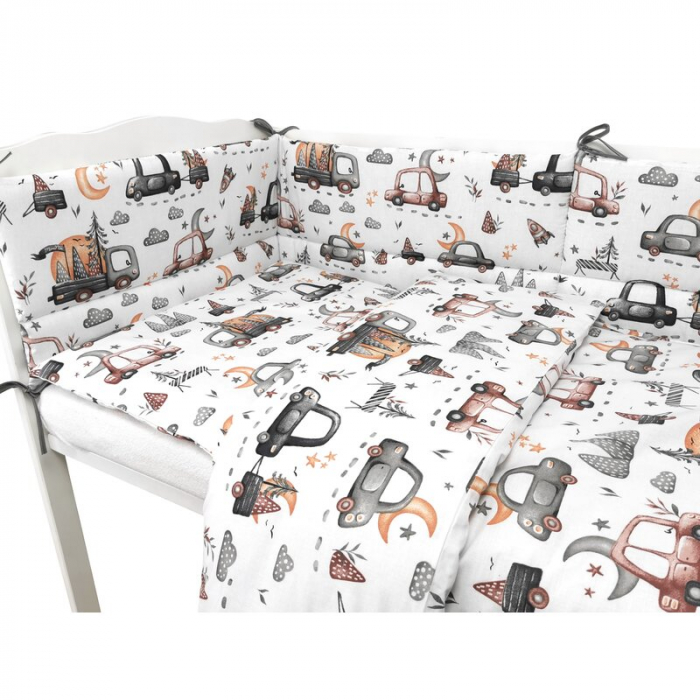 Lenjerie patut cu 3 piese, MimiNu, Pentru patut 120x60 cm, Cu protectie laterala, Din bumbac certificat Oeko Tex Standard 100, Design, Cars Grey [3]
