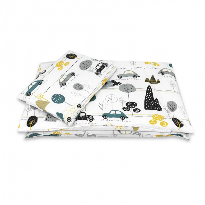 Lenjerie patut cu 5 piese, MimiNu, Cu cearceaf 120x60 cm, Pilota, Pernuta, 2 aparatori, Din bumbac certificat Oeko Tex Standard 100, Childrens Journey Grey [6]